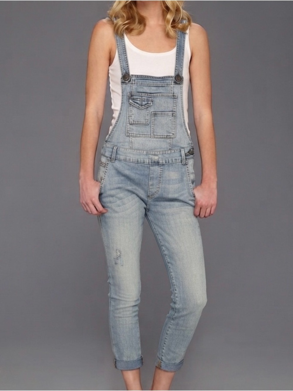 Free People Denim Overalls Medium Wash Distressed EUC Skinny Size 26